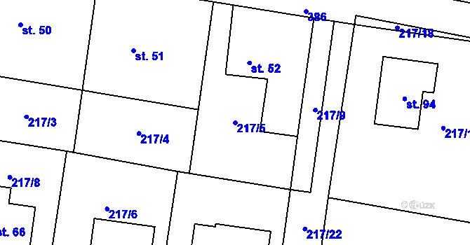 Parcela st. 217/5 v KÚ Kolomuty, Katastrální mapa
