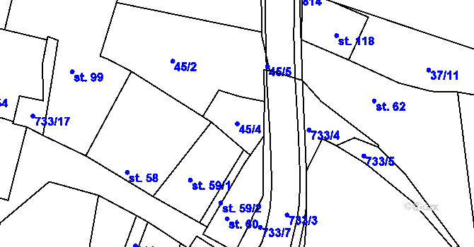 Parcela st. 45/4 v KÚ Komárno, Katastrální mapa