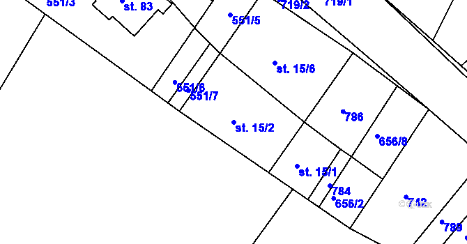 Parcela st. 15/2 v KÚ Komárov u Holic, Katastrální mapa