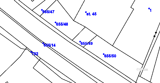 Parcela st. 655/49 v KÚ Komárov u Holic, Katastrální mapa