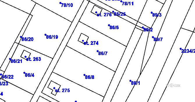 Parcela st. 86/7 v KÚ Komařice, Katastrální mapa