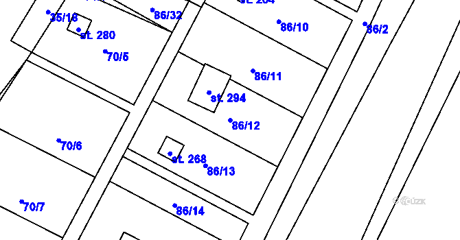 Parcela st. 86/12 v KÚ Komařice, Katastrální mapa