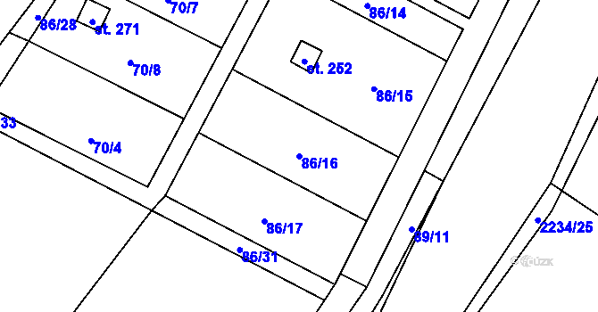 Parcela st. 86/16 v KÚ Komařice, Katastrální mapa