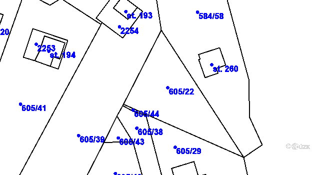 Parcela st. 605/22 v KÚ Komařice, Katastrální mapa