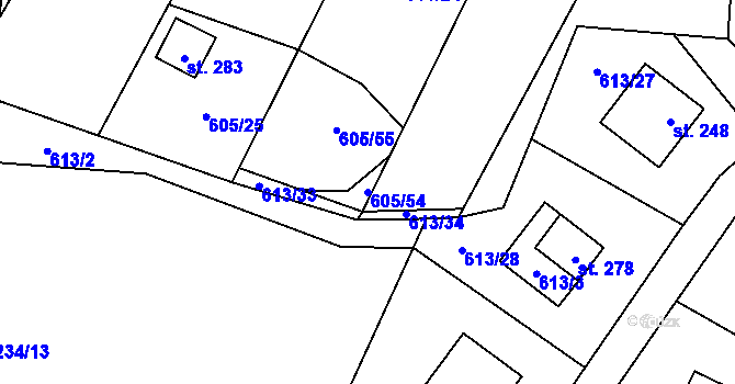 Parcela st. 605/54 v KÚ Komařice, Katastrální mapa