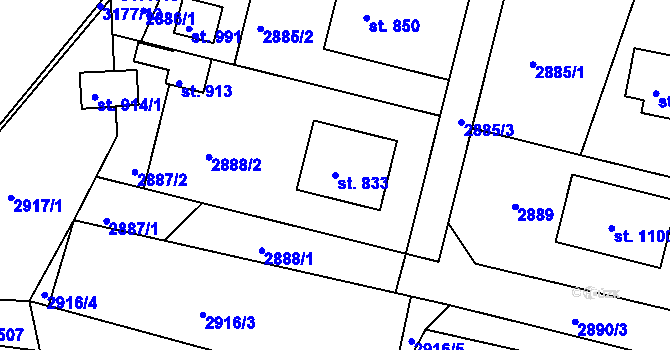 Parcela st. 833 v KÚ Komorní Lhotka, Katastrální mapa