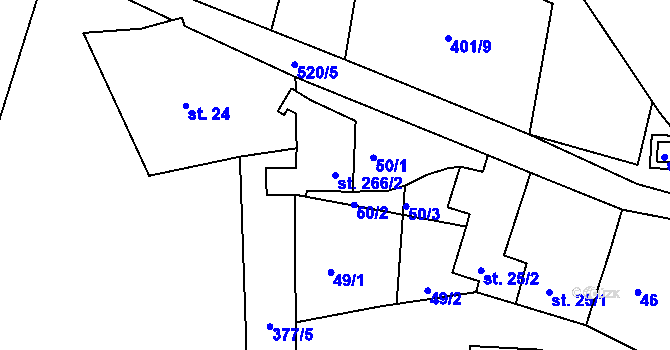 Parcela st. 266/2 v KÚ Komorovice, Katastrální mapa