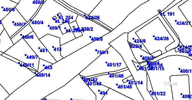 Parcela st. 750/1 v KÚ Komorovice, Katastrální mapa