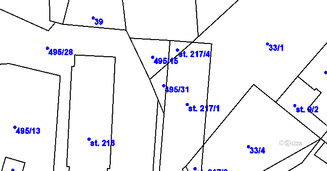 Parcela st. 495/31 v KÚ Komorovice, Katastrální mapa