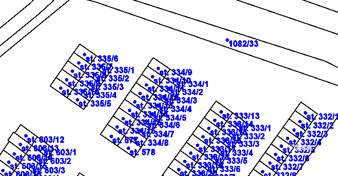 Parcela st. 334/2 v KÚ Komořany u Mostu, Katastrální mapa