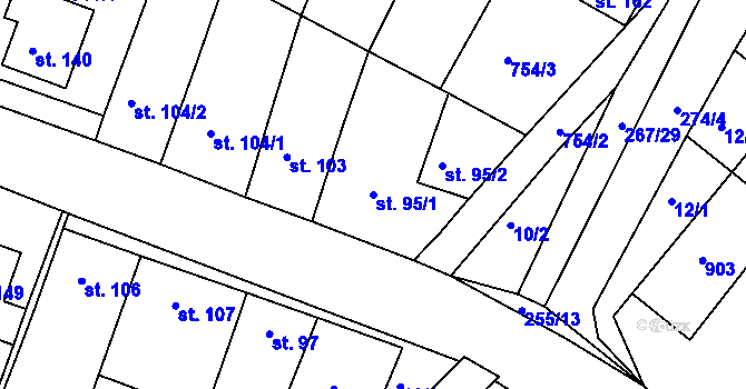 Parcela st. 95/1 v KÚ Podbřežice, Katastrální mapa
