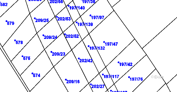 Parcela st. 197/132 v KÚ Podbřežice, Katastrální mapa