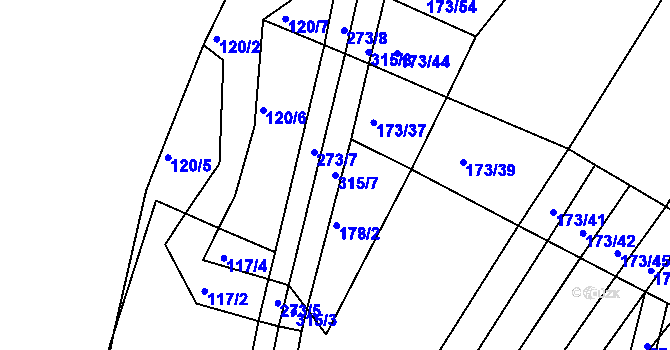 Parcela st. 315/7 v KÚ Podbřežice, Katastrální mapa
