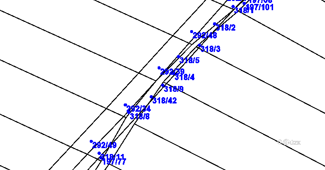 Parcela st. 318/9 v KÚ Podbřežice, Katastrální mapa