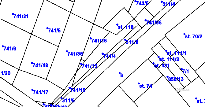 Parcela st. 741/4 v KÚ Podbřežice, Katastrální mapa