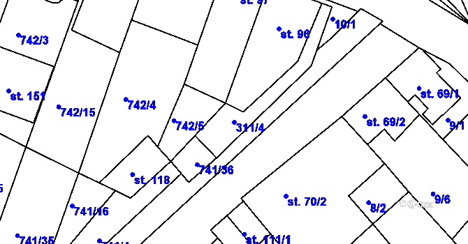 Parcela st. 311/4 v KÚ Podbřežice, Katastrální mapa