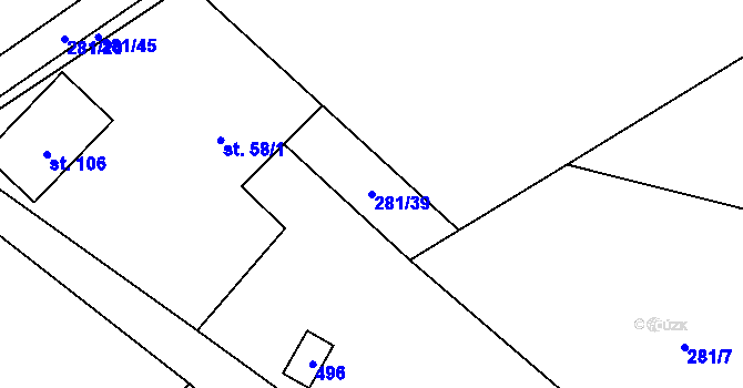 Parcela st. 281/39 v KÚ Kovač, Katastrální mapa