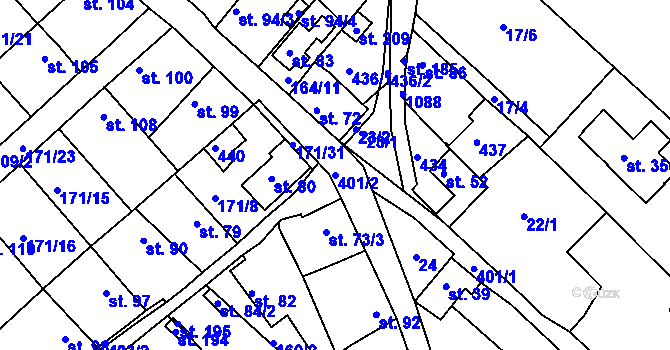 Parcela st. 401/2 v KÚ Konětopy, Katastrální mapa