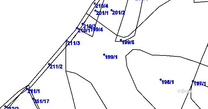 Parcela st. 199/1 v KÚ Konětopy u Příbramě, Katastrální mapa