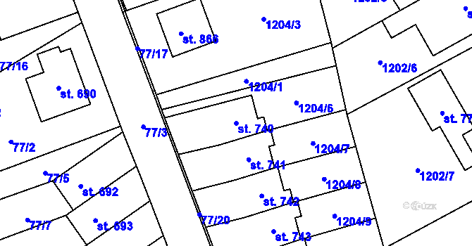 Parcela st. 740 v KÚ Kopidlno, Katastrální mapa