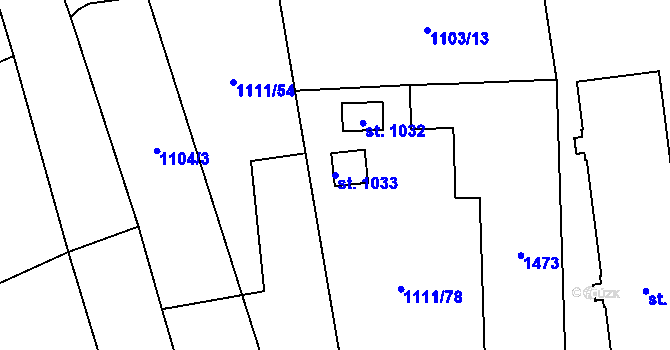 Parcela st. 1033 v KÚ Kopidlno, Katastrální mapa