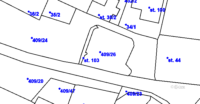 Parcela st. 409/26 v KÚ Kornice, Katastrální mapa