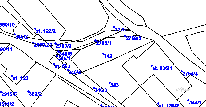 Parcela st. 342 v KÚ Korouhev, Katastrální mapa