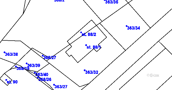 Parcela st. 88/1 v KÚ Koroužné, Katastrální mapa