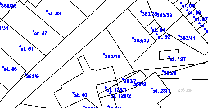 Parcela st. 363/16 v KÚ Koroužné, Katastrální mapa