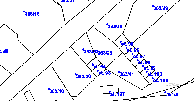 Parcela st. 363/29 v KÚ Koroužné, Katastrální mapa