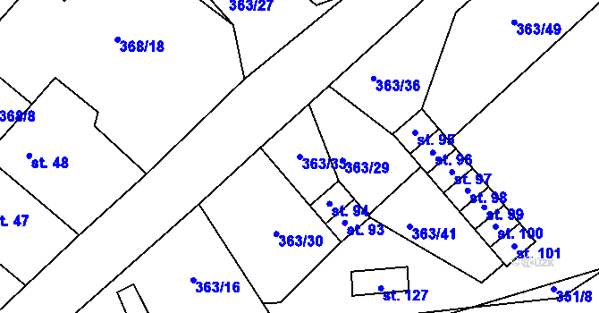 Parcela st. 363/33 v KÚ Koroužné, Katastrální mapa