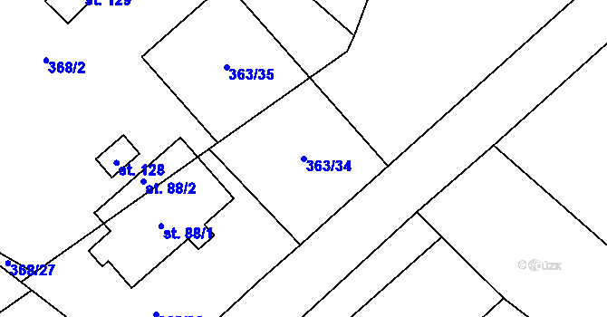 Parcela st. 363/34 v KÚ Koroužné, Katastrální mapa