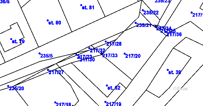 Parcela st. 217/33 v KÚ Koroužné, Katastrální mapa