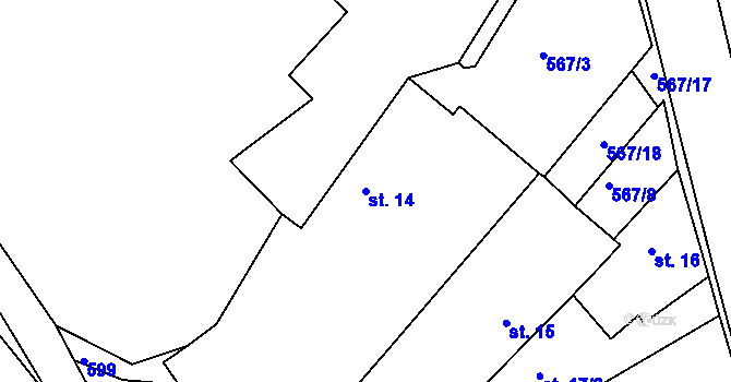Parcela st. 14 v KÚ Korycany, Katastrální mapa