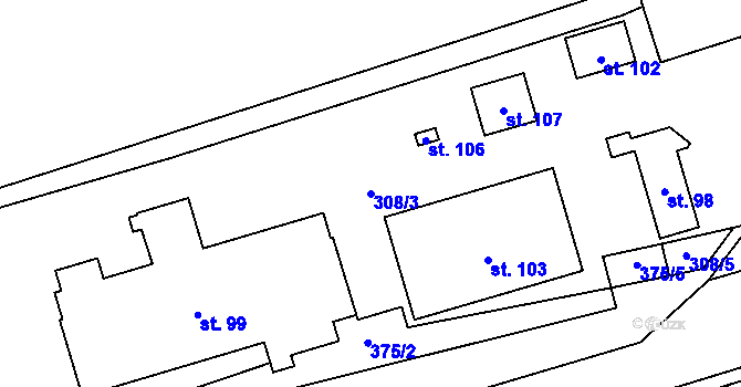 Parcela st. 308/3 v KÚ Korycany, Katastrální mapa