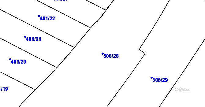 Parcela st. 308/28 v KÚ Korycany, Katastrální mapa