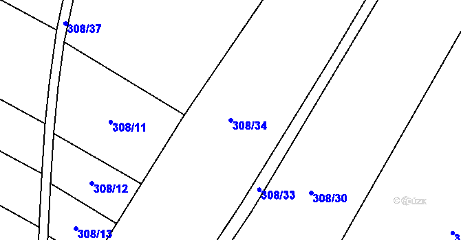 Parcela st. 308/34 v KÚ Korycany, Katastrální mapa
