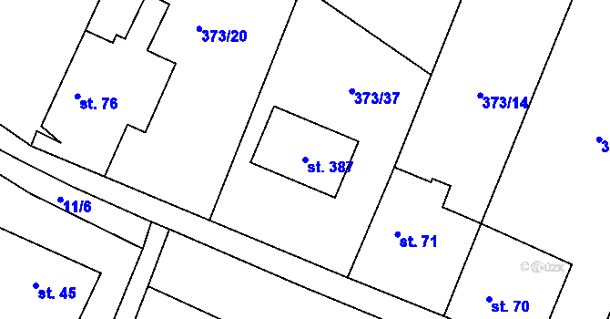 Parcela st. 387 v KÚ Korycany, Katastrální mapa
