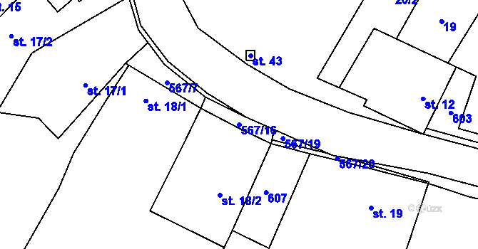 Parcela st. 567/16 v KÚ Korycany, Katastrální mapa
