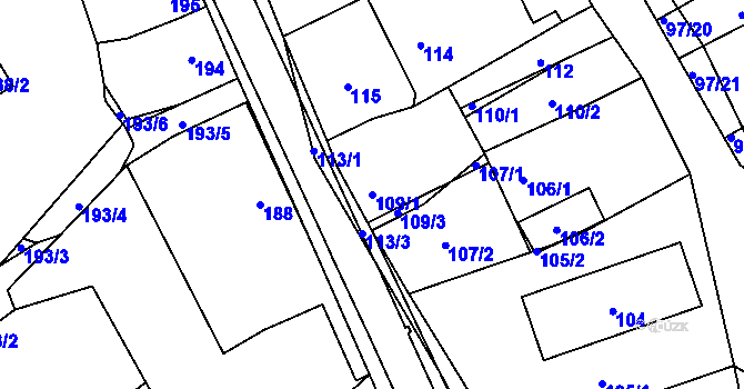 Parcela st. 109/1 v KÚ Koryčany, Katastrální mapa