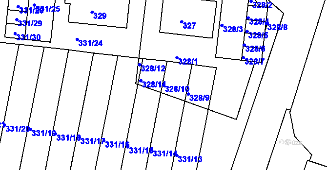 Parcela st. 328/10 v KÚ Koryčany, Katastrální mapa