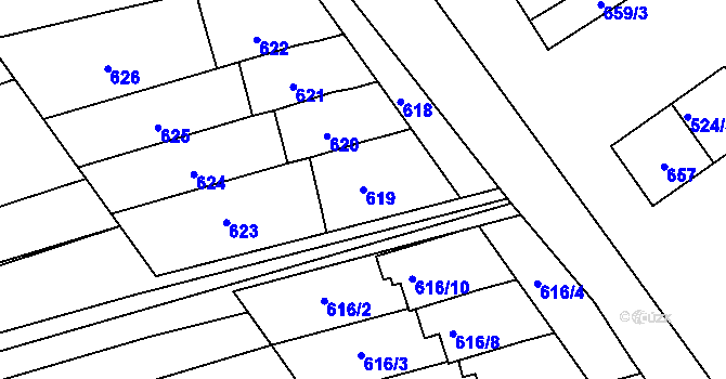 Parcela st. 619 v KÚ Koryčany, Katastrální mapa