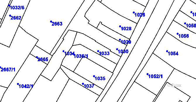 Parcela st. 1033 v KÚ Koryčany, Katastrální mapa
