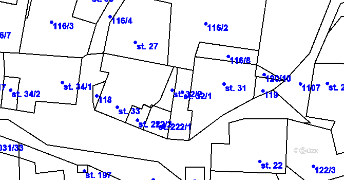 Parcela st. 32/2 v KÚ Kořenec, Katastrální mapa