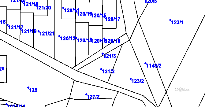 Parcela st. 121/3 v KÚ Kořenec, Katastrální mapa