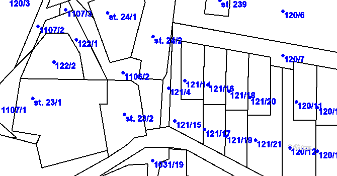 Parcela st. 121/4 v KÚ Kořenec, Katastrální mapa