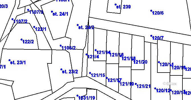 Parcela st. 121/14 v KÚ Kořenec, Katastrální mapa