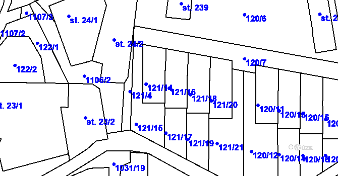 Parcela st. 121/16 v KÚ Kořenec, Katastrální mapa