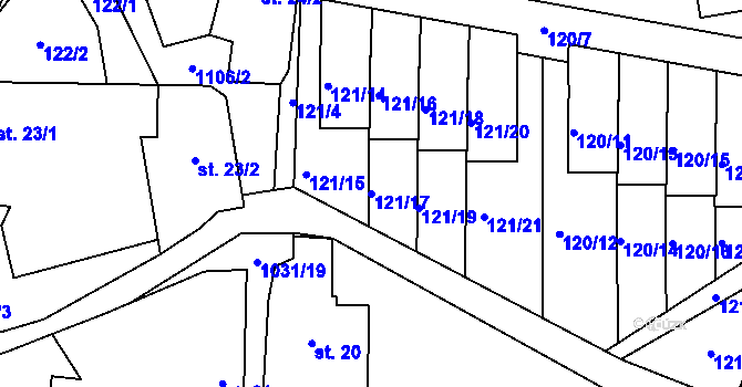 Parcela st. 121/17 v KÚ Kořenec, Katastrální mapa