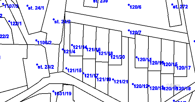 Parcela st. 121/18 v KÚ Kořenec, Katastrální mapa